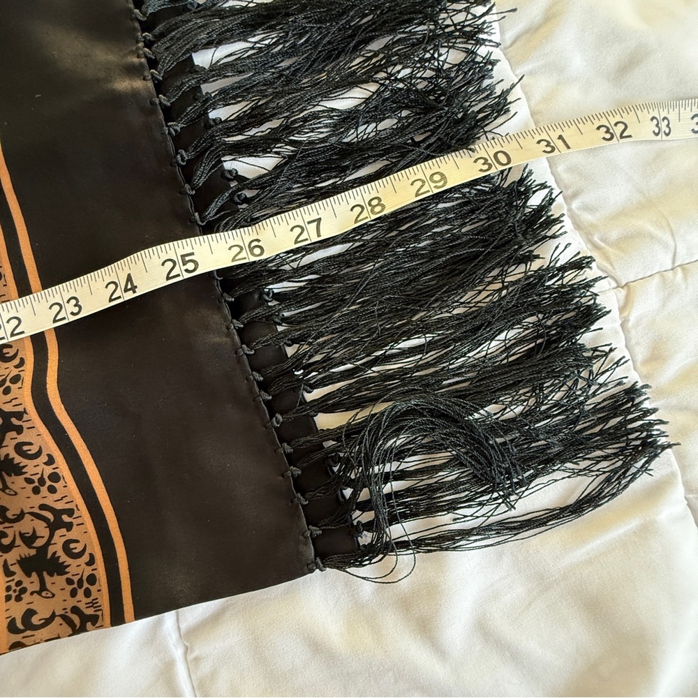 Vintage Black Satin Asian-Inspired Calligraphy Scarf with Fringe - Picture 5 of 5